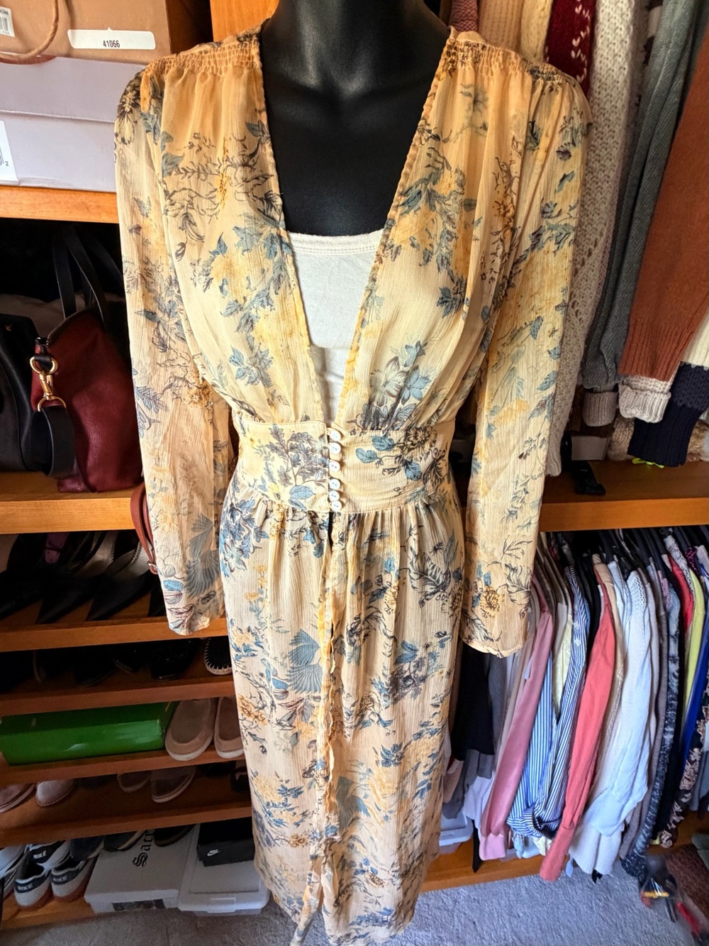 KORI Floral Sheer Coverup Kimono - Yellow Blue EUC